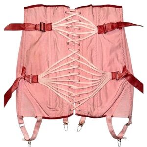 50s Inspired Hand Dyed Pink/Red Fan Laced Boned Open Bottom Girdle w 4 Garters